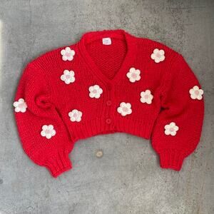 Luna Ivy Anthropologie Red Knit Cropped Red Cardigan w/ White and Pink Flowers